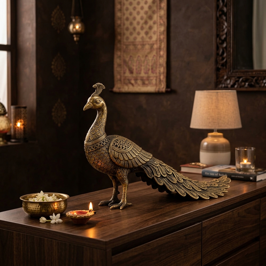 Artisan handcarved brass peacock sculpture