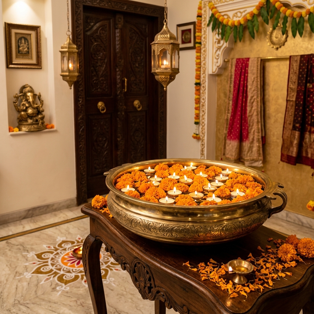 Traditional brass Urli filled with marigold flowers